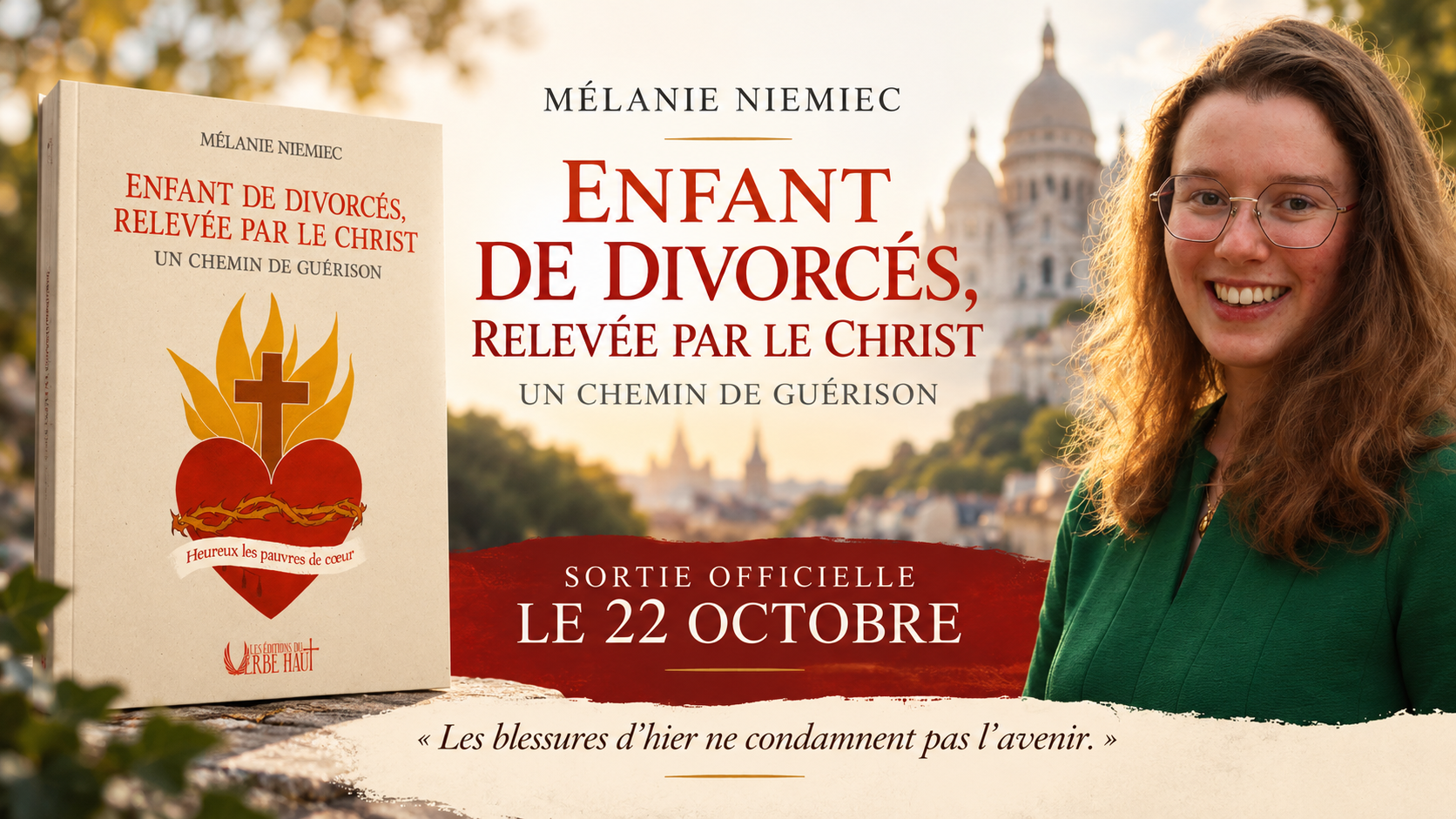 Autrice Mélanie Niemiec avec son livre enfant de divorcés, relevée par le Christ - un chemin de guérison